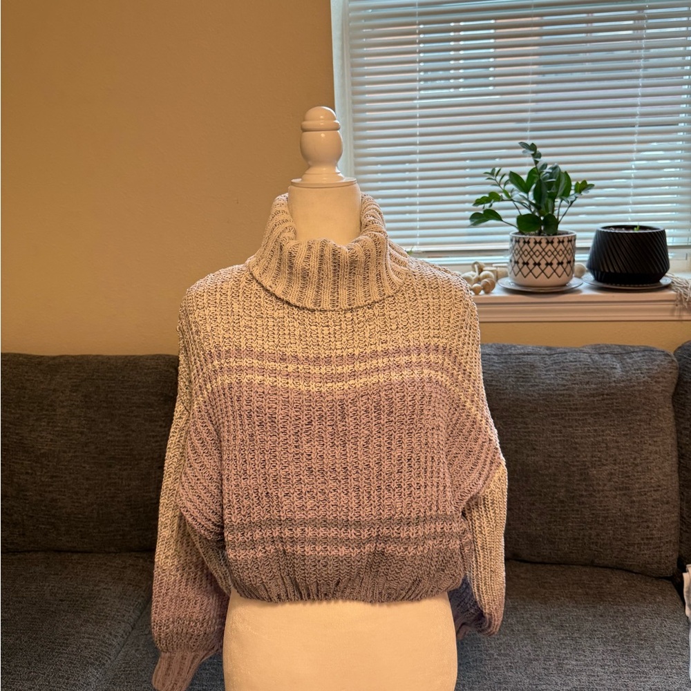 Cozy Knit Crop Turtleneck Sweater - Gray and Cream